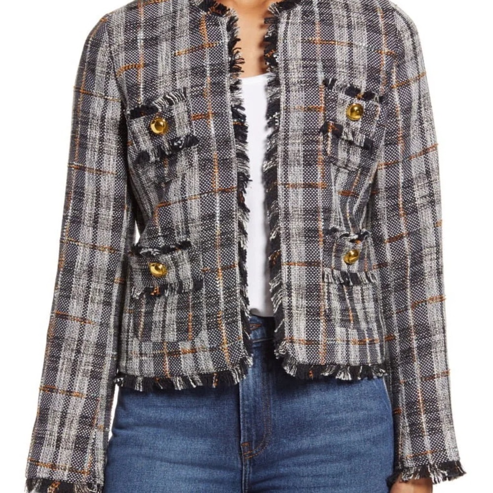 Halogen Plaid Tweed Blazer with Gold Buttons